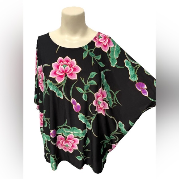 Natori Womens M Black Pink Floral Batwing Kimono Sleeve Oversized Blouse Top - Picture 4 of 10